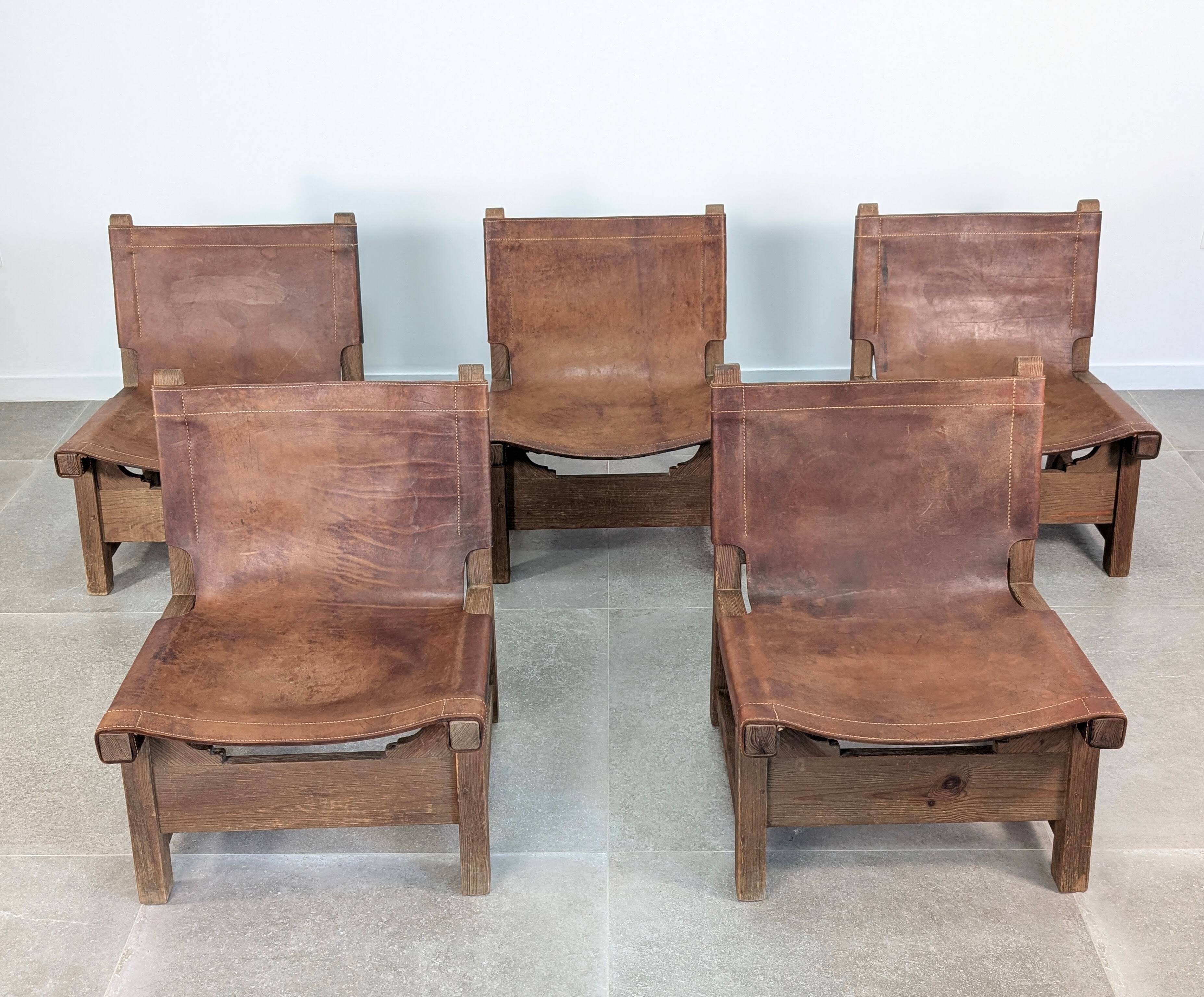 Set of 5 Spanish Leather and Oak Chairs