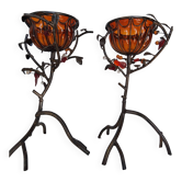 Pair of Art Deco style candle holders in wrought iron and amber blown glass.