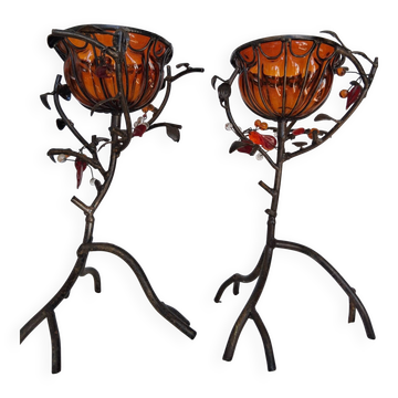 Pair of Art Deco style candle holders in wrought iron and amber blown glass.
