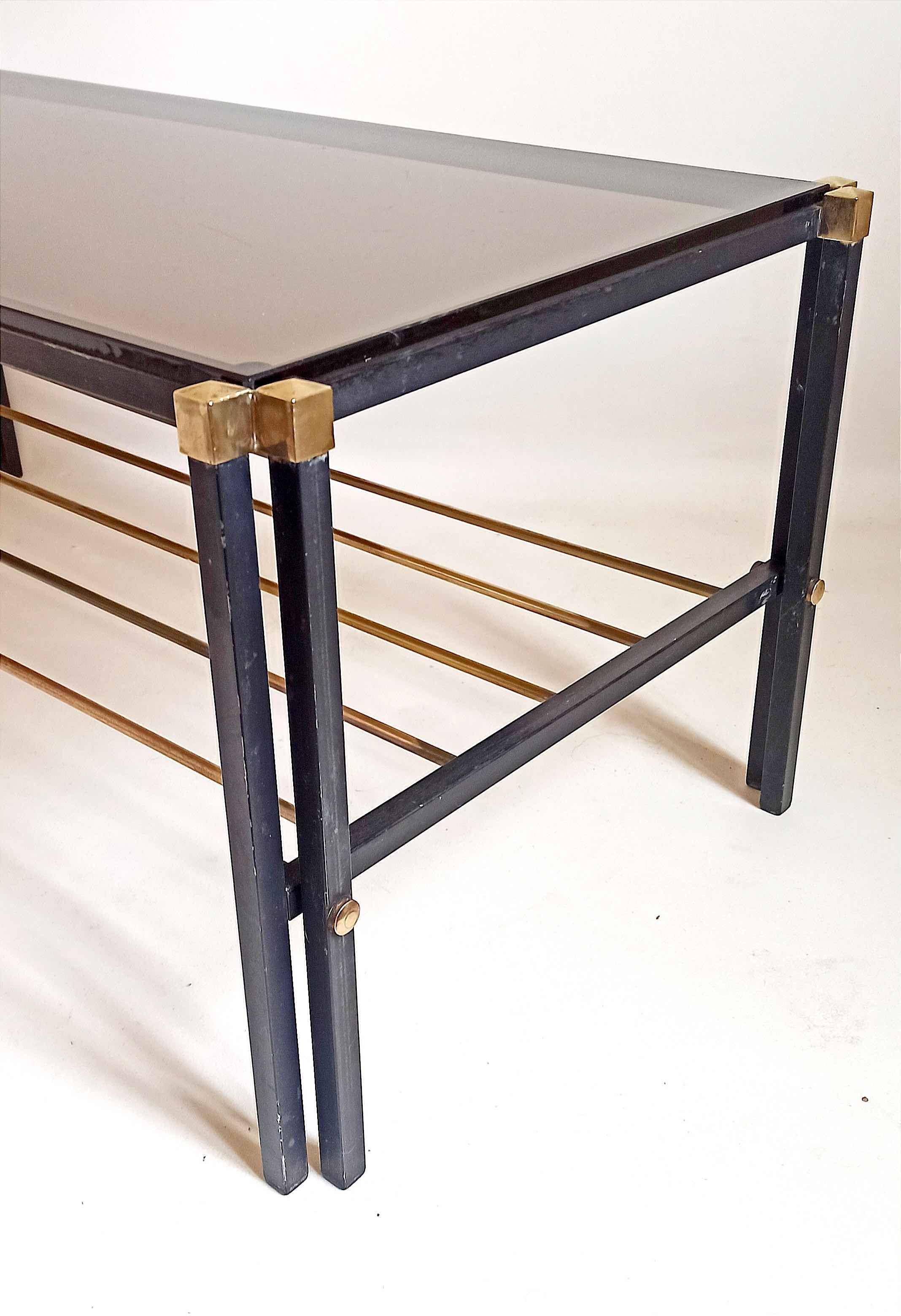 Magazine holder coffee table 1960s smoked glass, metal and brass Width 94.2 cm