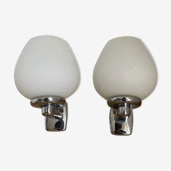 Pair of vintage wall lamps, chrome and opaline glass, France 1970