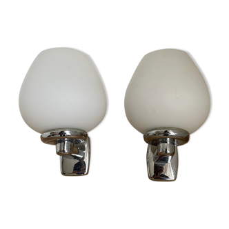 Pair of vintage wall lamps, chrome and opaline glass, France 1970