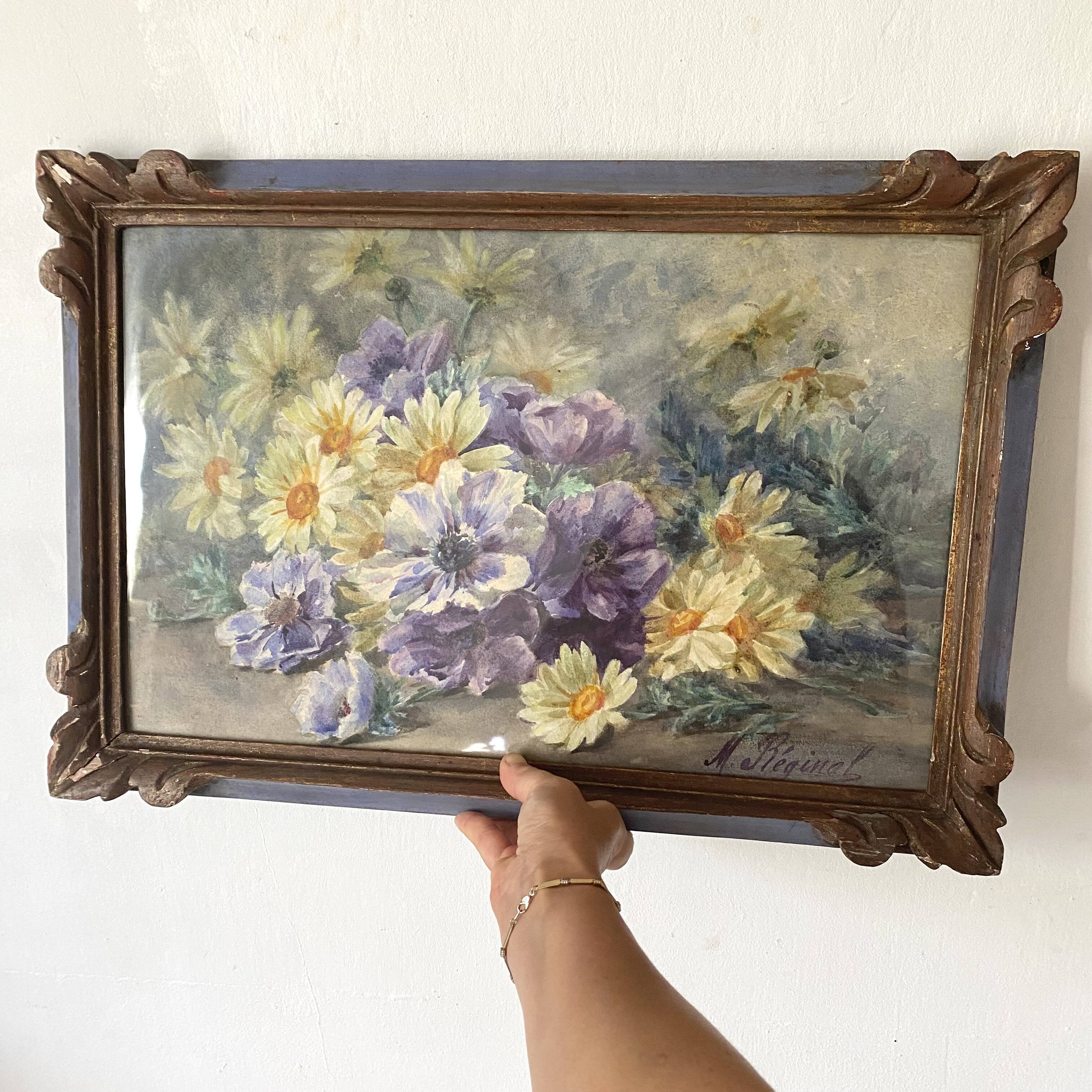 Framed old watercolor flowers M Réginal