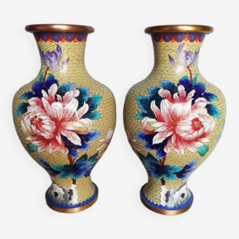 Pair of floral peony vases, cloisonné , brass ep XXem