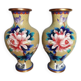 Pair of floral peony vases, cloisonné , brass ep XXem