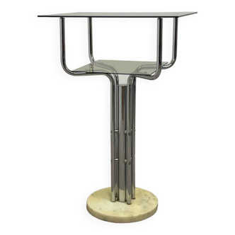 Marble, chrome and smoked glass pedestal table