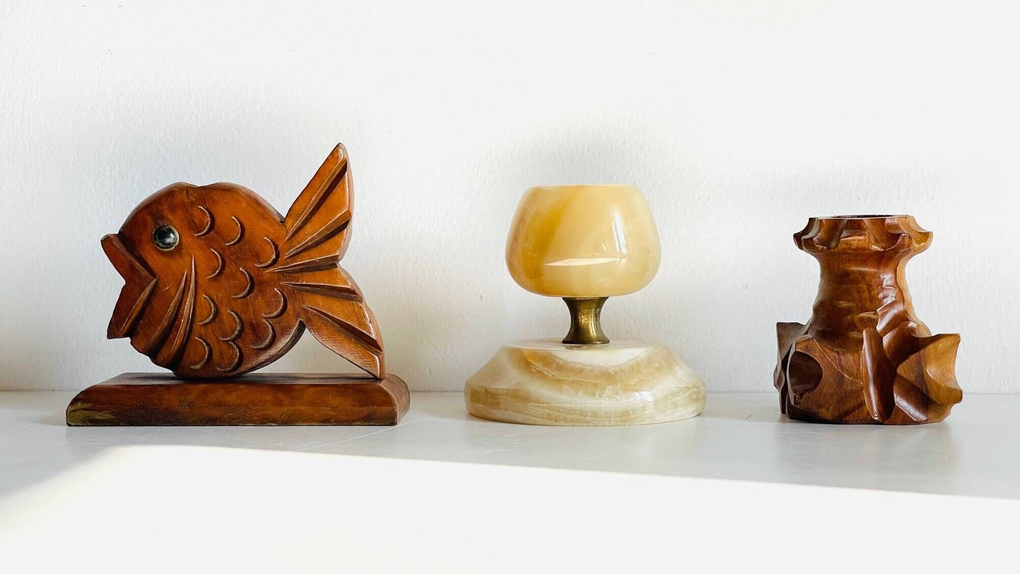 Trio of vintage wood and onyx candle holders