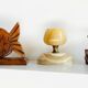 Trio of vintage wood and onyx candle holders