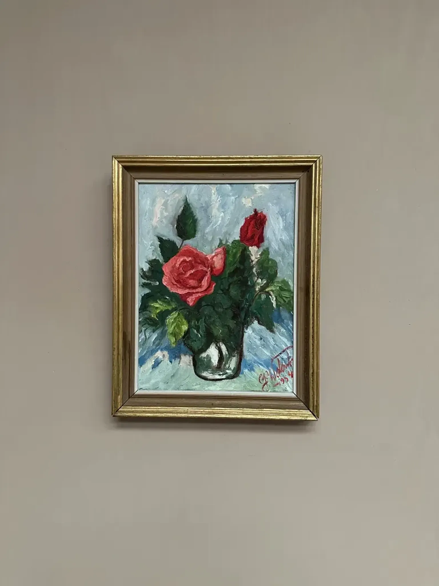 Original Swedish Oil on Canvas– “Still Life with Pink Rose” by Jacques Lalande – Vintage & Framed – 36 × 45 cm (14.1" × 17.7")