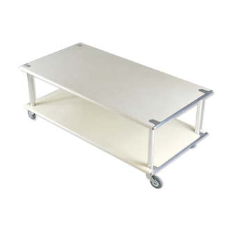 Coffee table in lacquered steel "cream", double trays, France, circa 1970