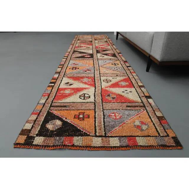 1970s Vintage Turkish Handmade Wool & Cotton Orange Runner Rug 82x340