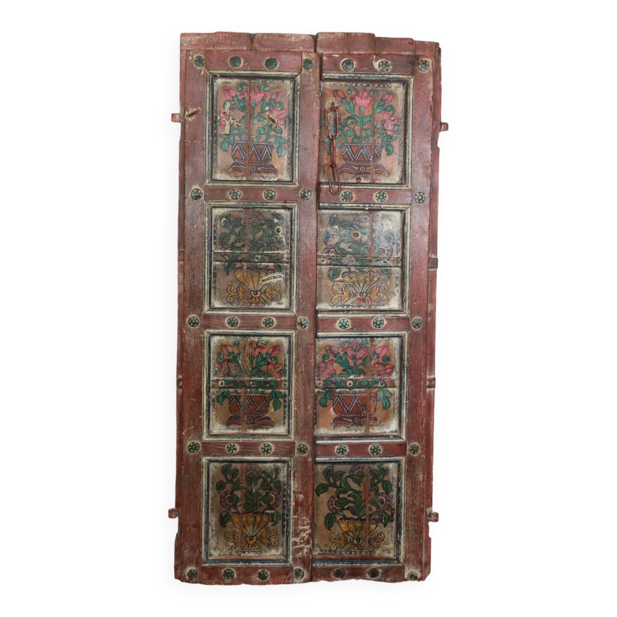 Indian door with 2-leaf floral motifs with 2 rings for wall mounting