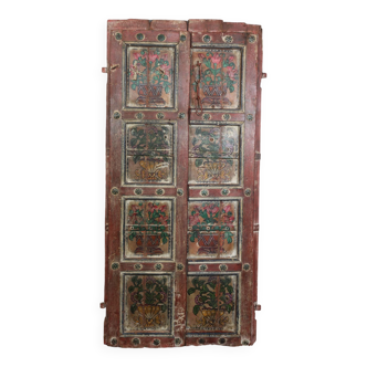 Indian door with 2-leaf floral motifs with 2 rings for wall mounting