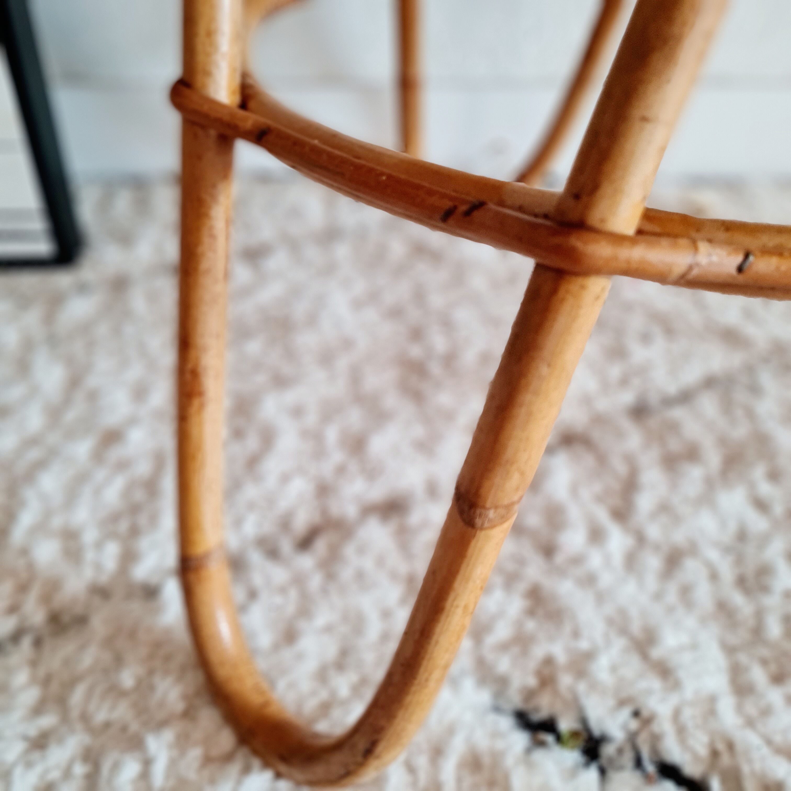 Vintage rattan coffee table round blue top