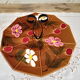 Vintage cheese platter in brown enamelled ceramic décor cherries and daisies
