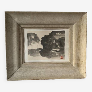 Estampe asiatique ancienne, paysage de marine, encre et lavis, signé, encadrée