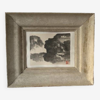 Old Asian print, marine landscape, ink and wash, signed, framed