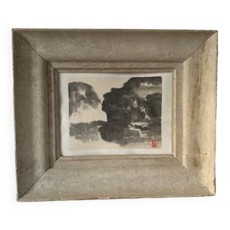 Old Asian print, marine landscape, ink and wash, signed, framed