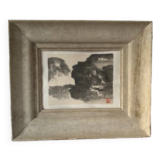 Estampe asiatique ancienne, paysage de marine, encre et lavis, signé, encadrée