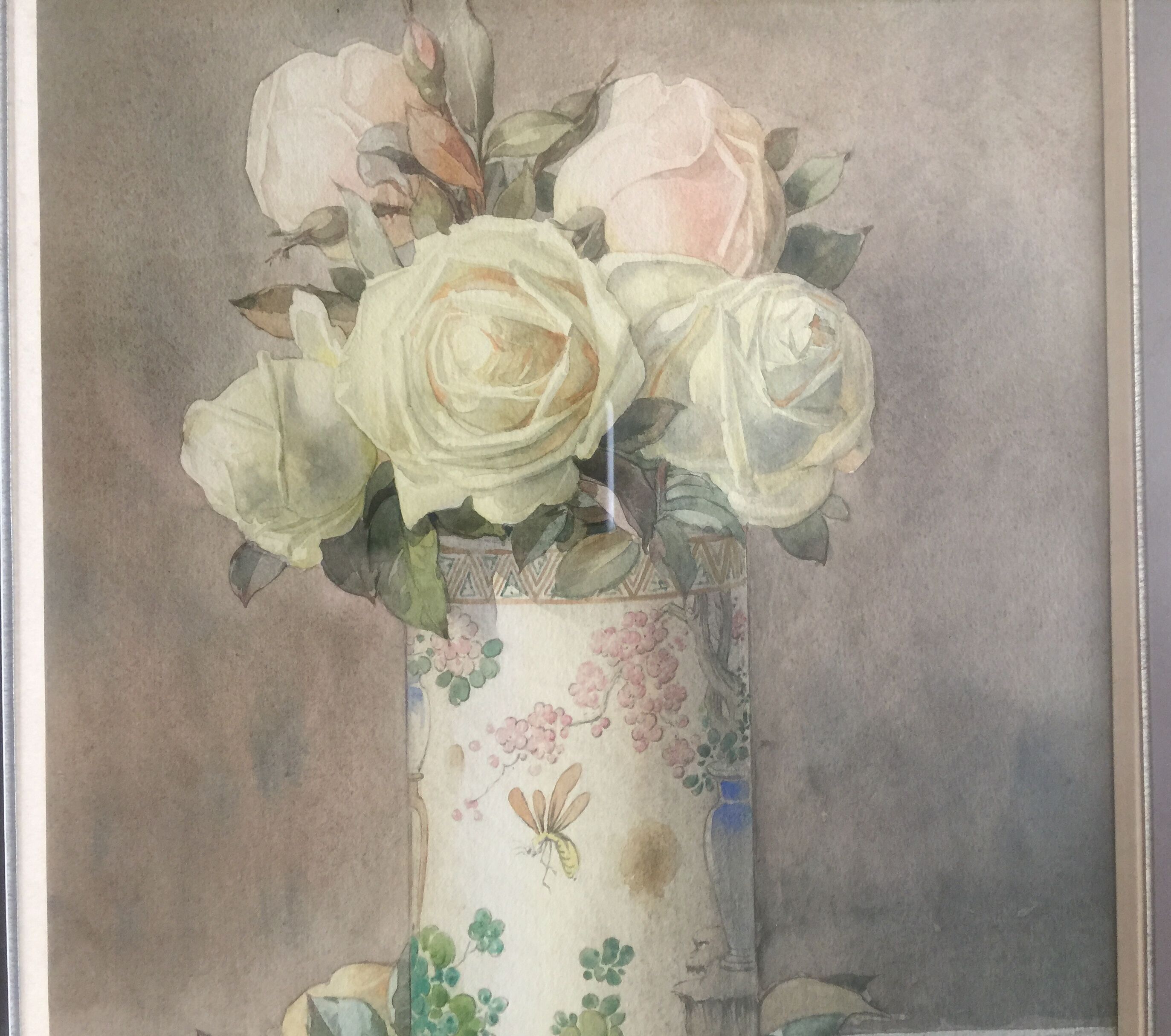 Ernest FOUSSIER 1901 "White roses in a Japanese vase"watercolor signed