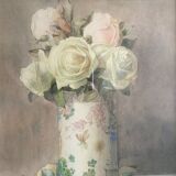 Aquarelle  "roses blanches dans un vase japonisant" signée ernest foussier 1901
