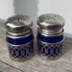 Silver-plated metal and blue glass salt and pepper shaker