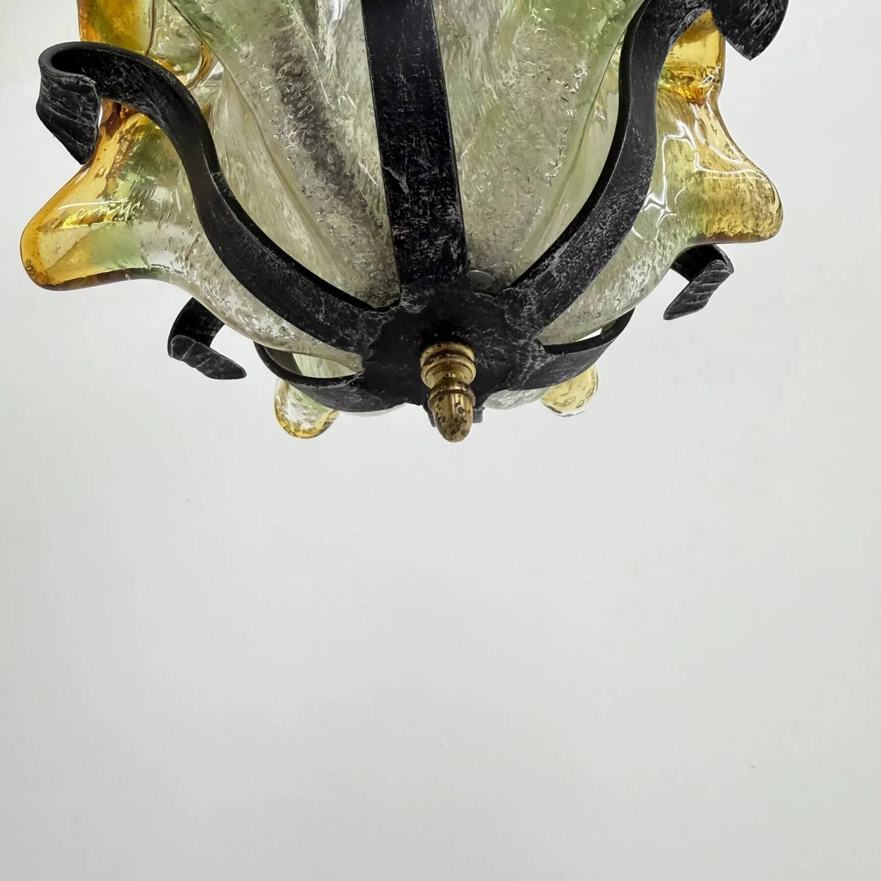 Brutalist glass and iron hanging lamp, 1970s