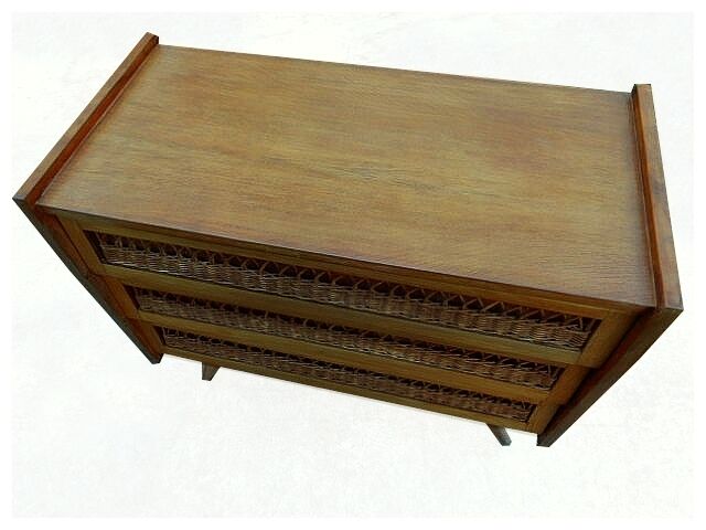 Vintage rattan chest of drawers 1950 1960 golden oak compass feet