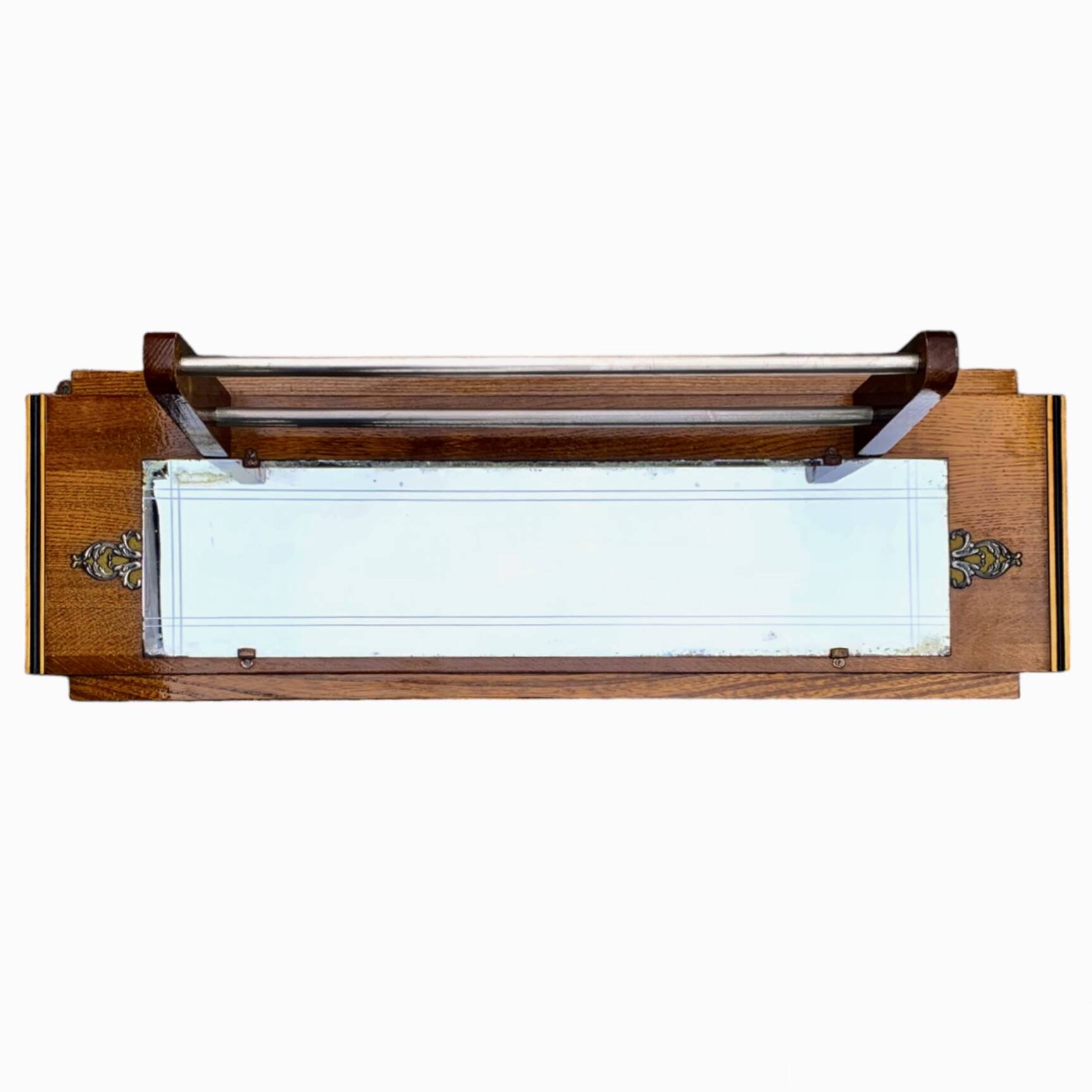 Art Deco wooden hat rack wall shelf with mirror