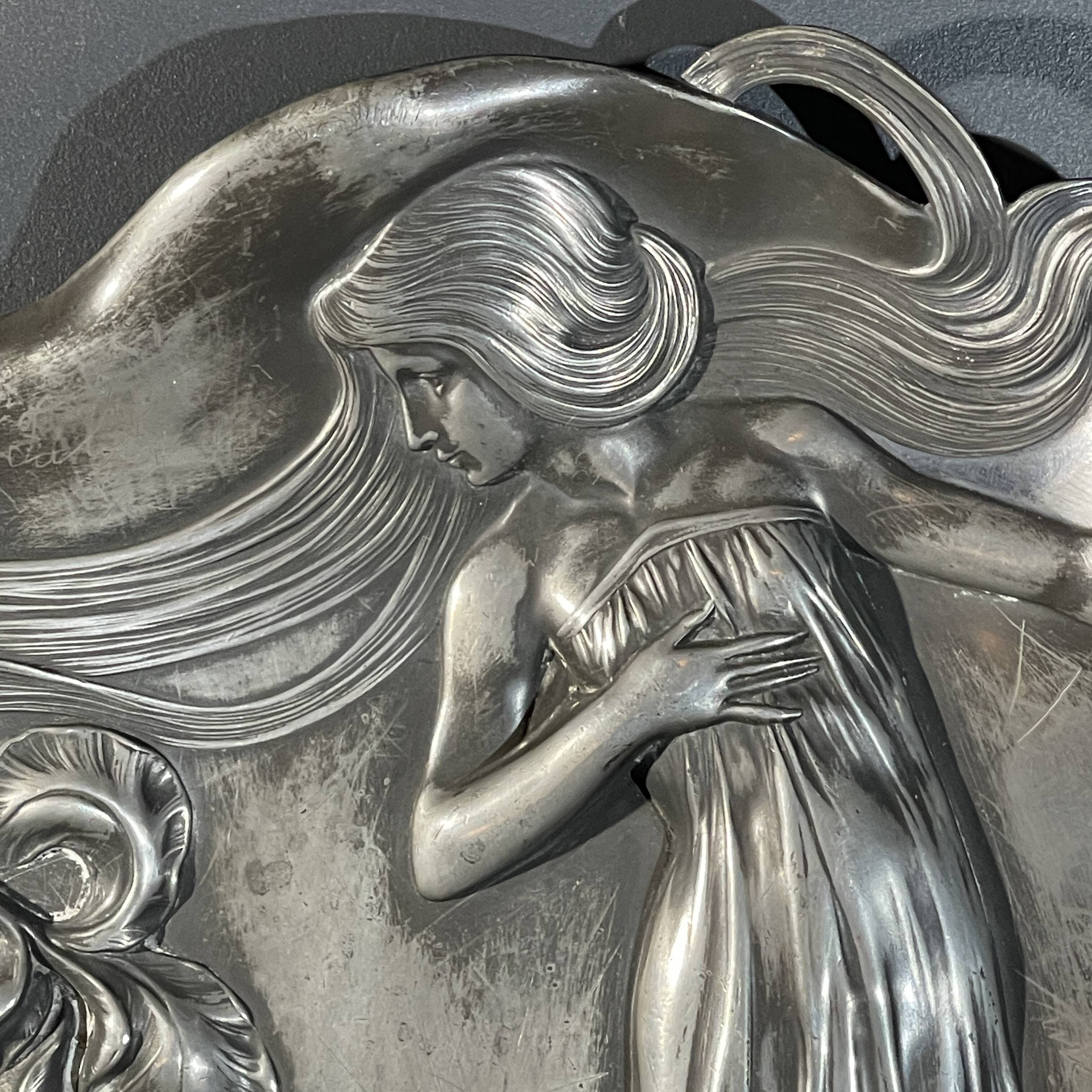 WMF "Woman with Irises" No. 290 Art Nouveau openwork tray, silver-plated metal, ca 1906