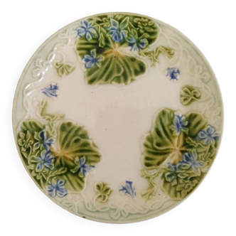 Antique Barbotine Plate Floral Decor and Green Foliage