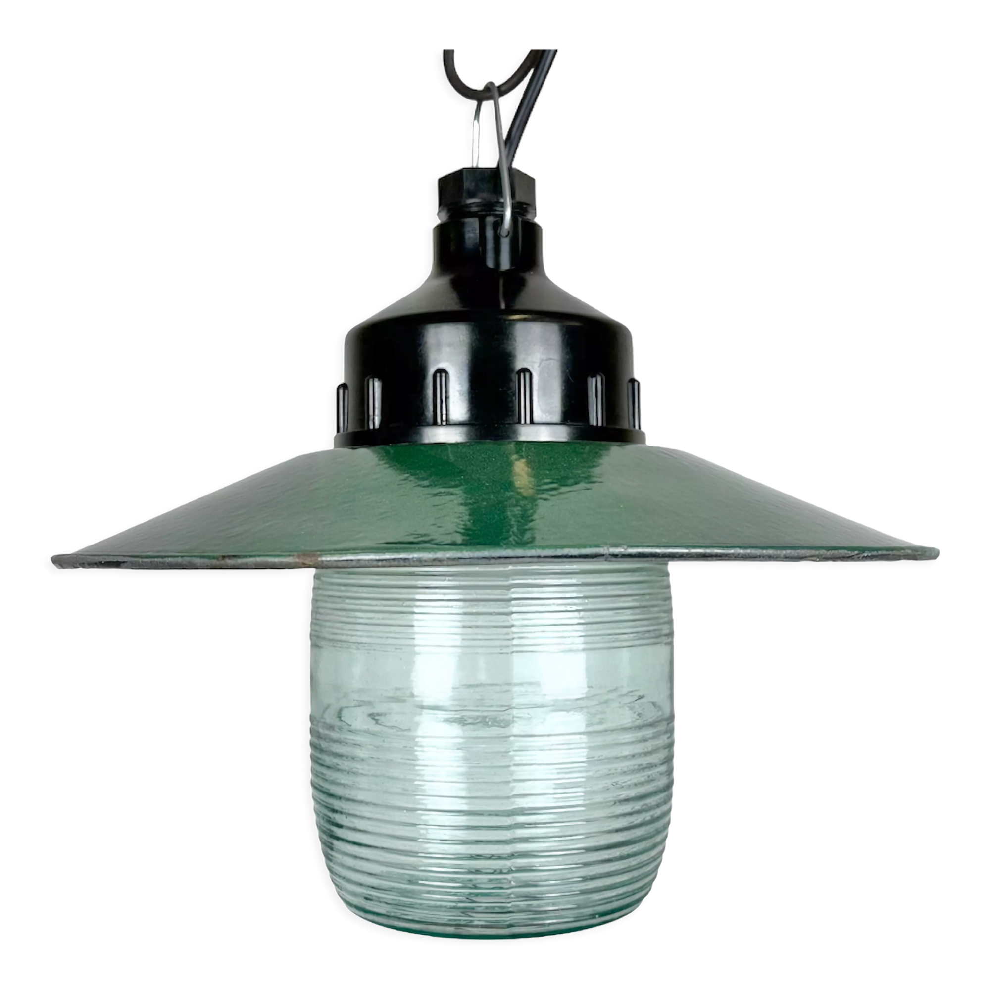 Industrial bakelite green enamel pendant light with ribbed glass, 1970s