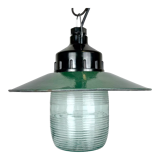 Industrial bakelite green enamel pendant light with ribbed glass, 1970s
