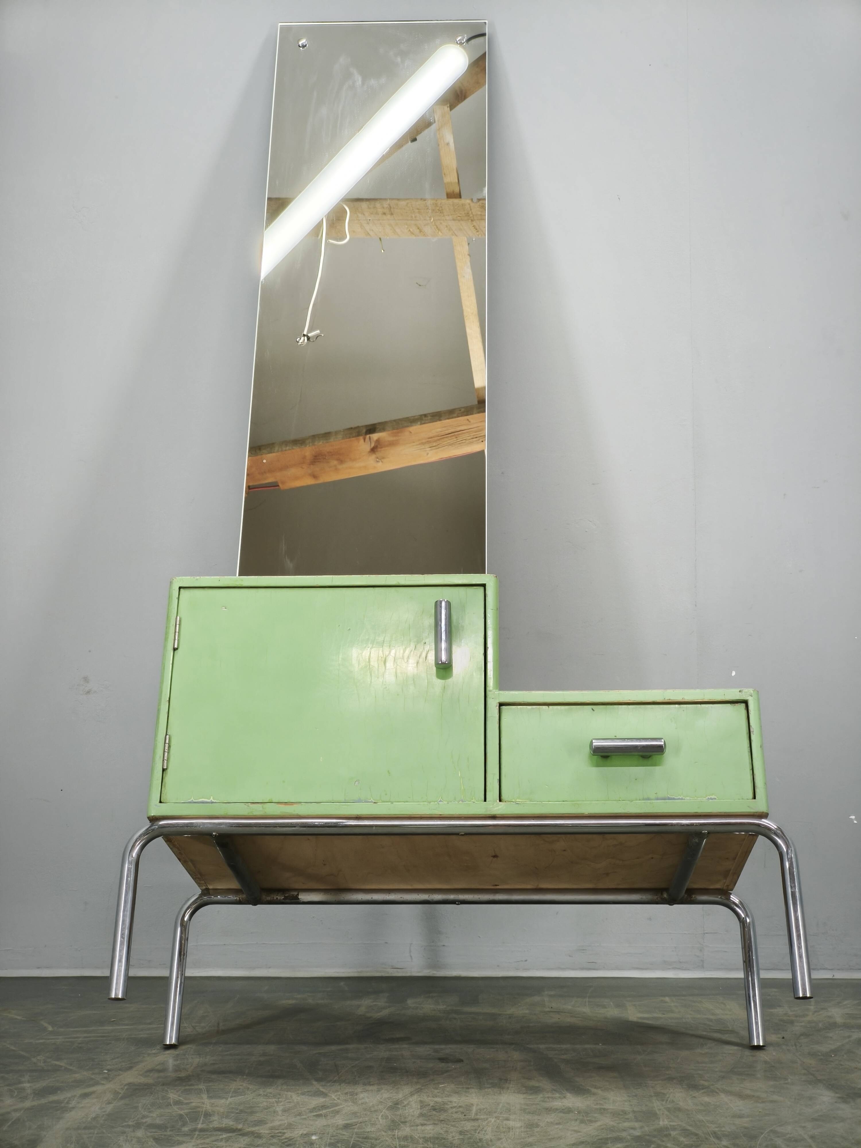 Bauhaus Czech Green Vanity Table with Mirror and Chrome Frame, 1930s