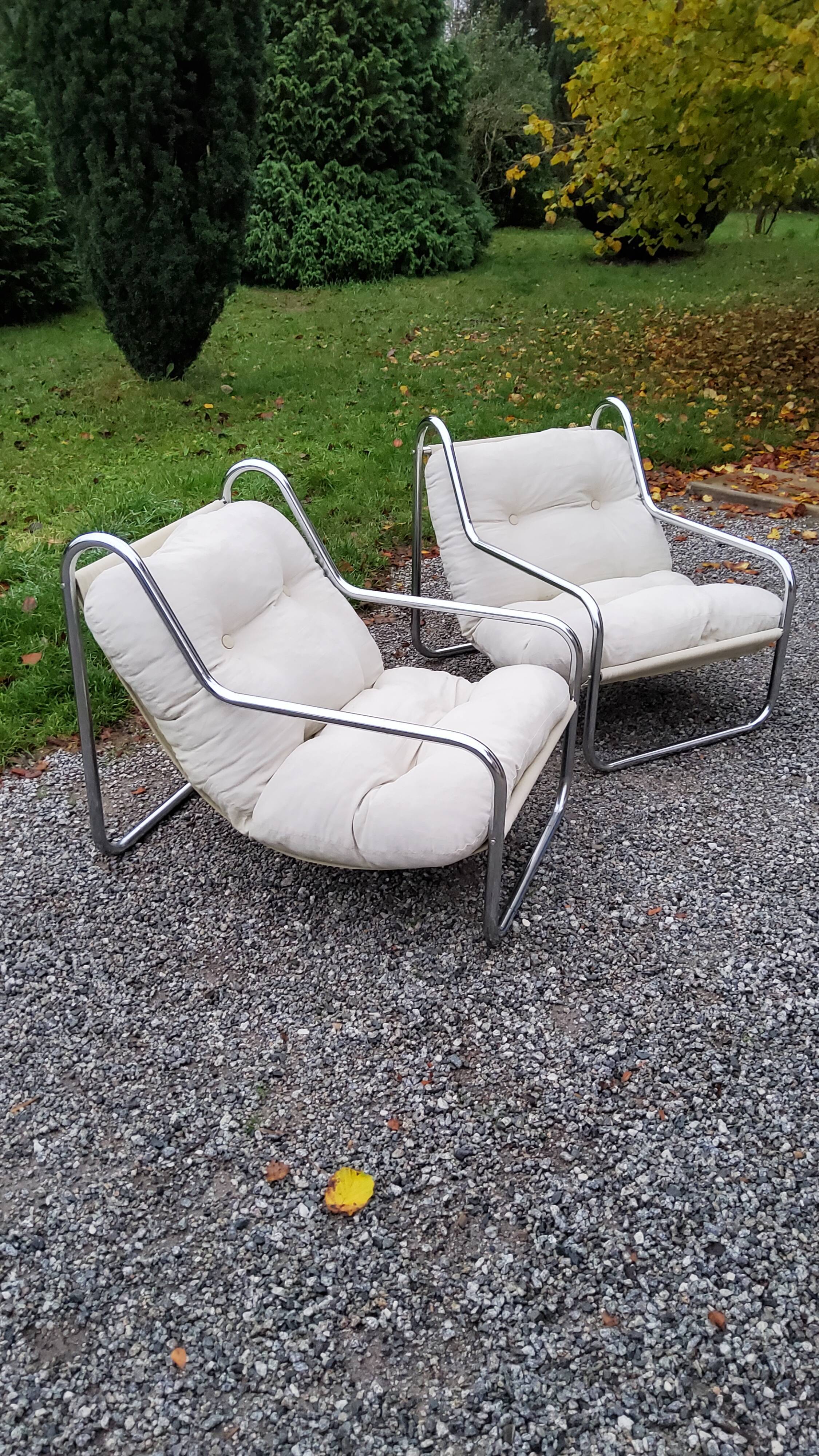 Pair of armchairs from the 70s chrome tubes and cotton canvas