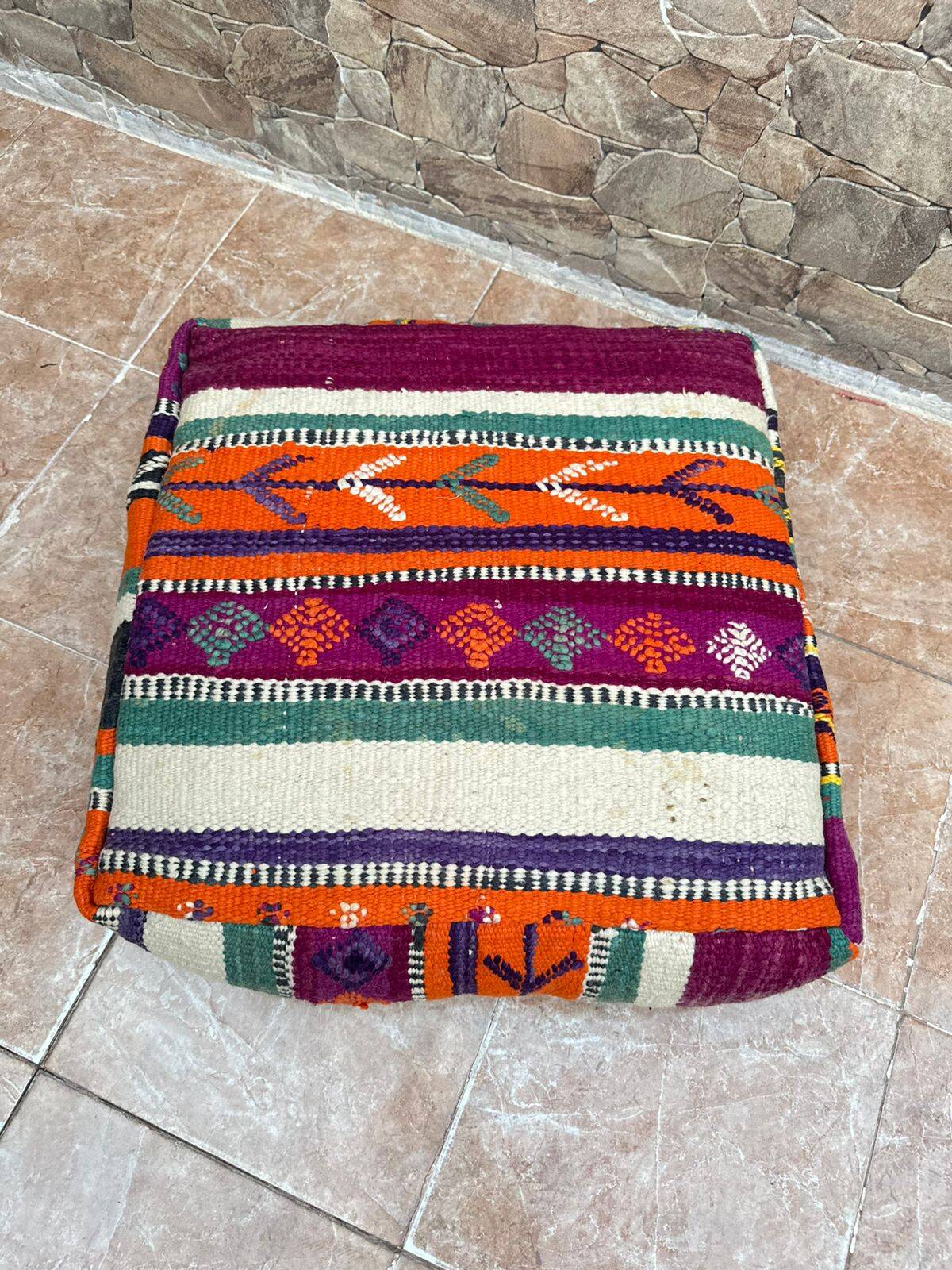Handmade Moroccan Kilim Pouf: Vintage Berber Wool Floor Cushion