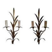 Pair of gold-tone metal leaf wall sconces