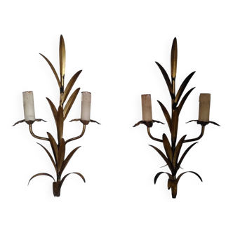 Pair of gold-tone metal leaf wall sconces