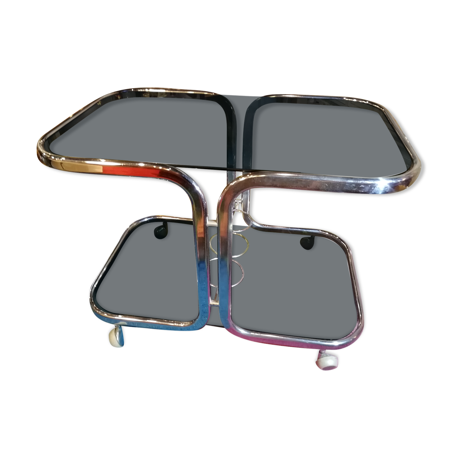Table basse desserte chromé et verre fumé avec support à bouteille