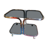 Table basse desserte chromé et verre fumé avec support à bouteille