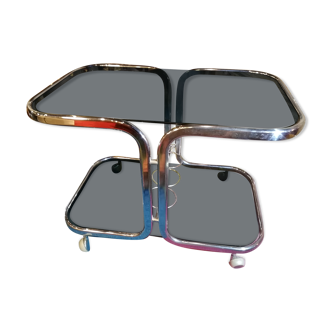 Table basse desserte chromé et verre fumé avec support à bouteille