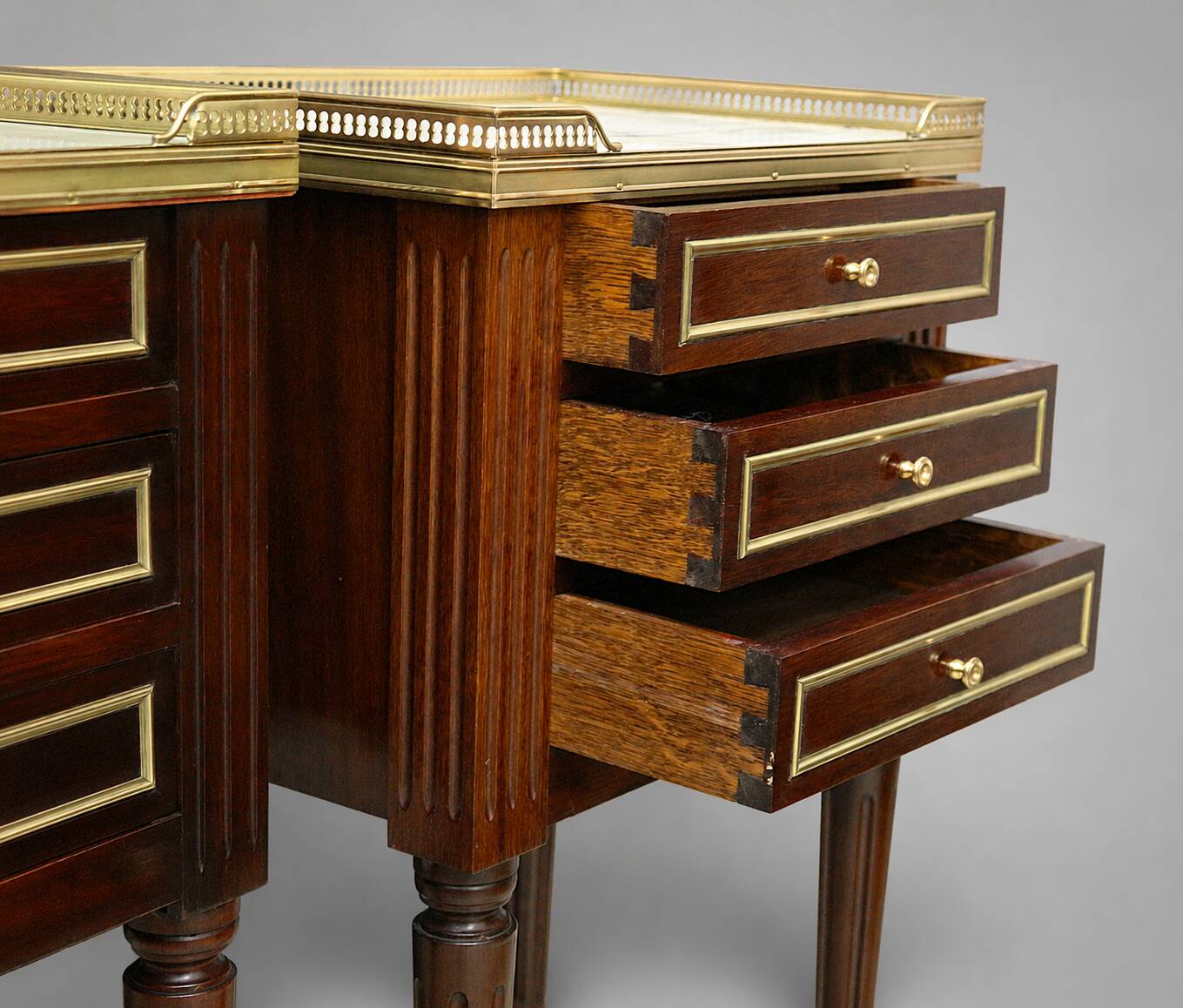 Pair of Mahogany Nightstands with White Carrara Marble in Louis XVI Style