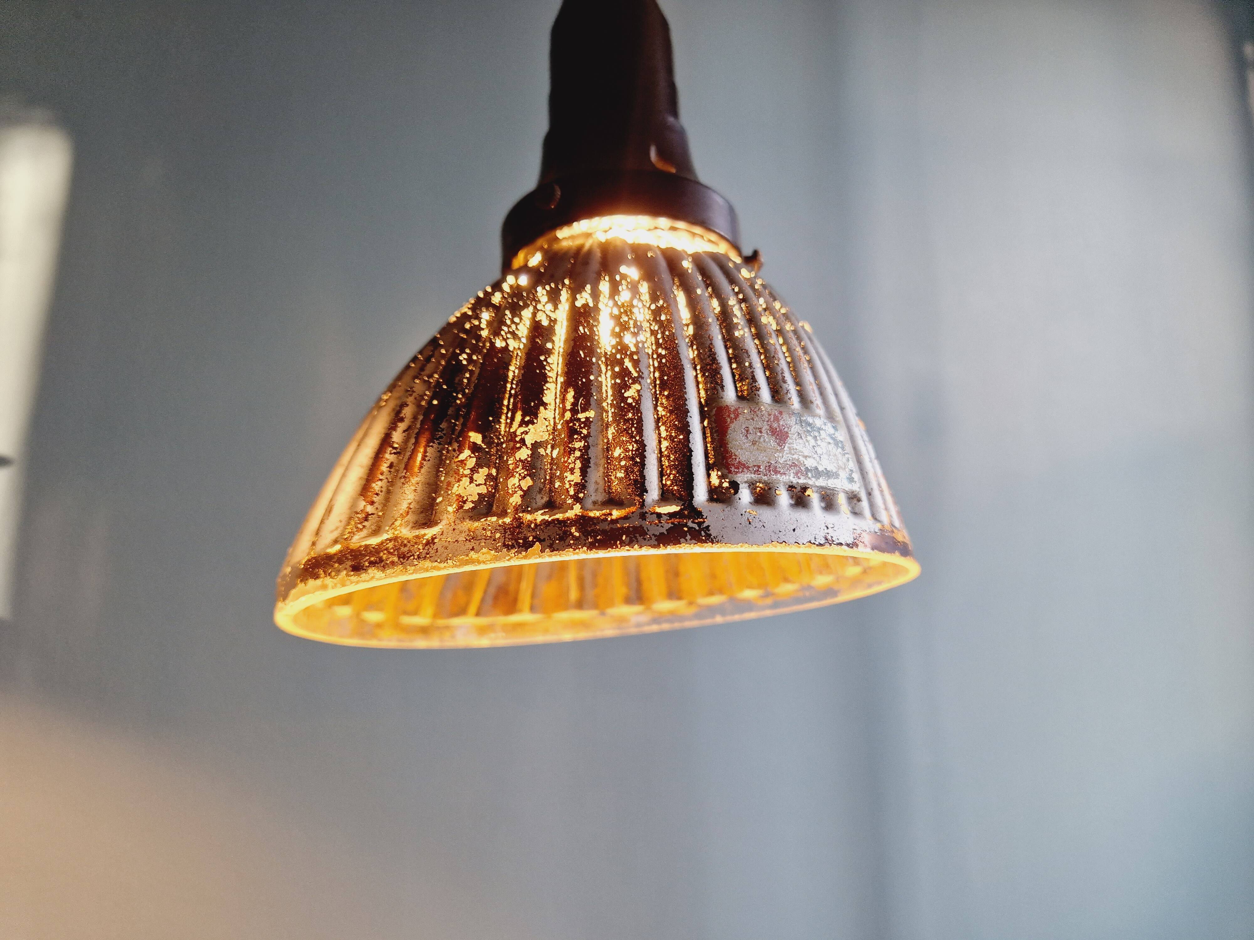 Set of 3 industrial mercury glass pendant lights, GAL (France), 1930s