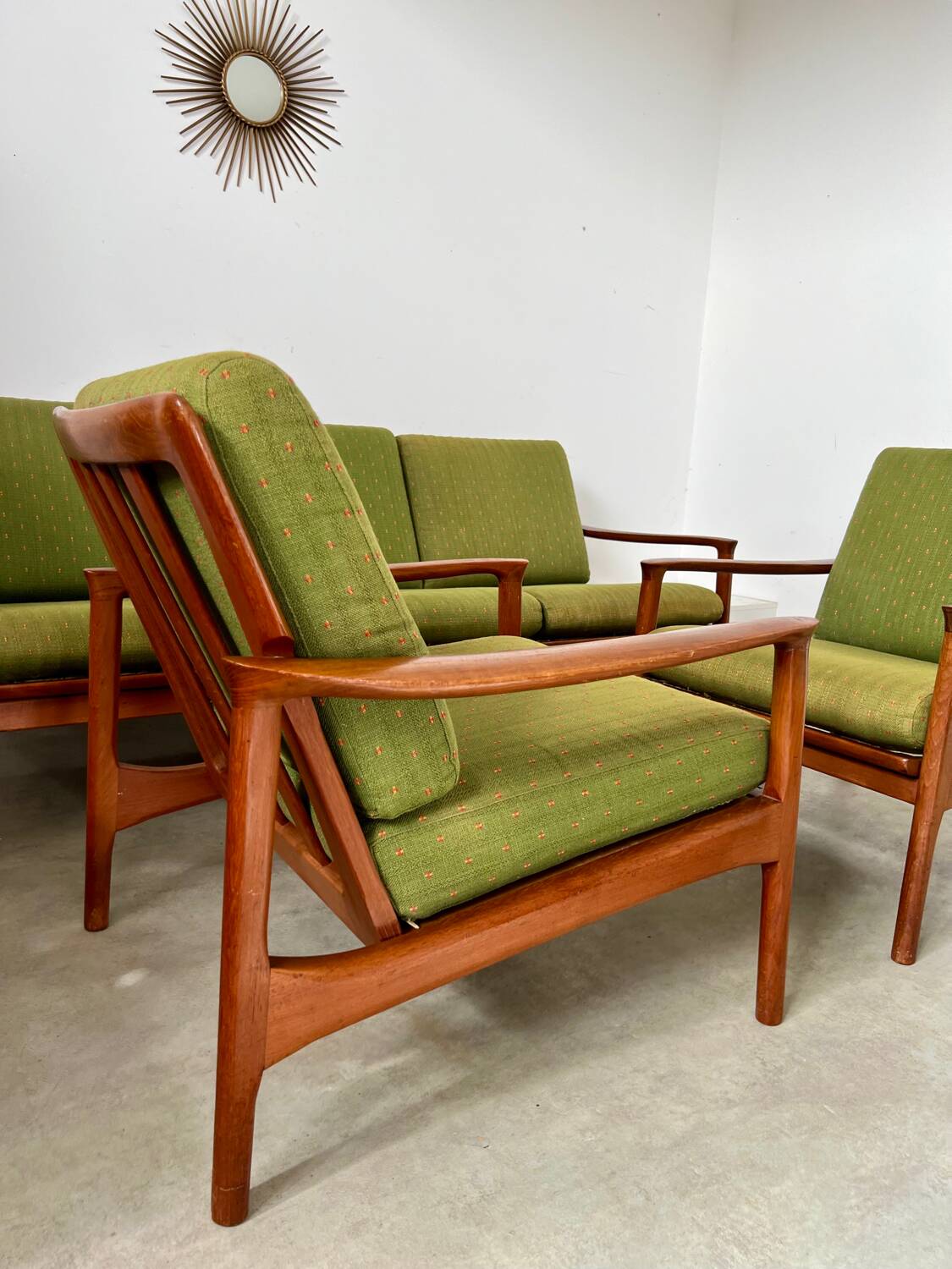 Living room set sofa armchair coffee table Scandinavian design 60s Swedish vintage teak