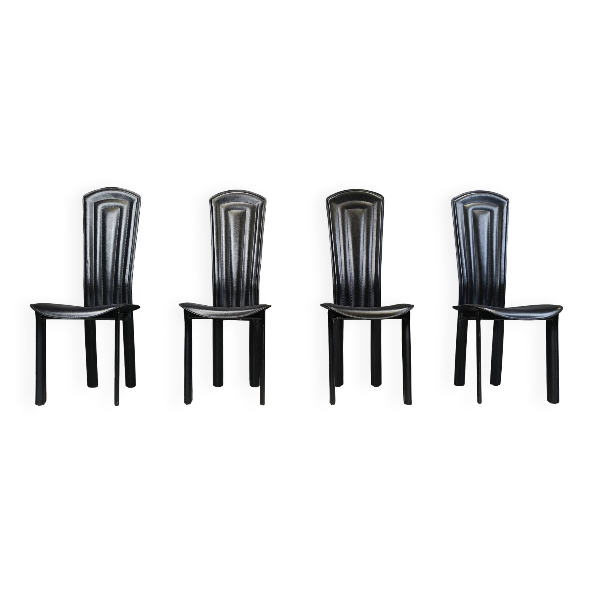 Vintage black leather dining chairs, set of 4, 1980s
