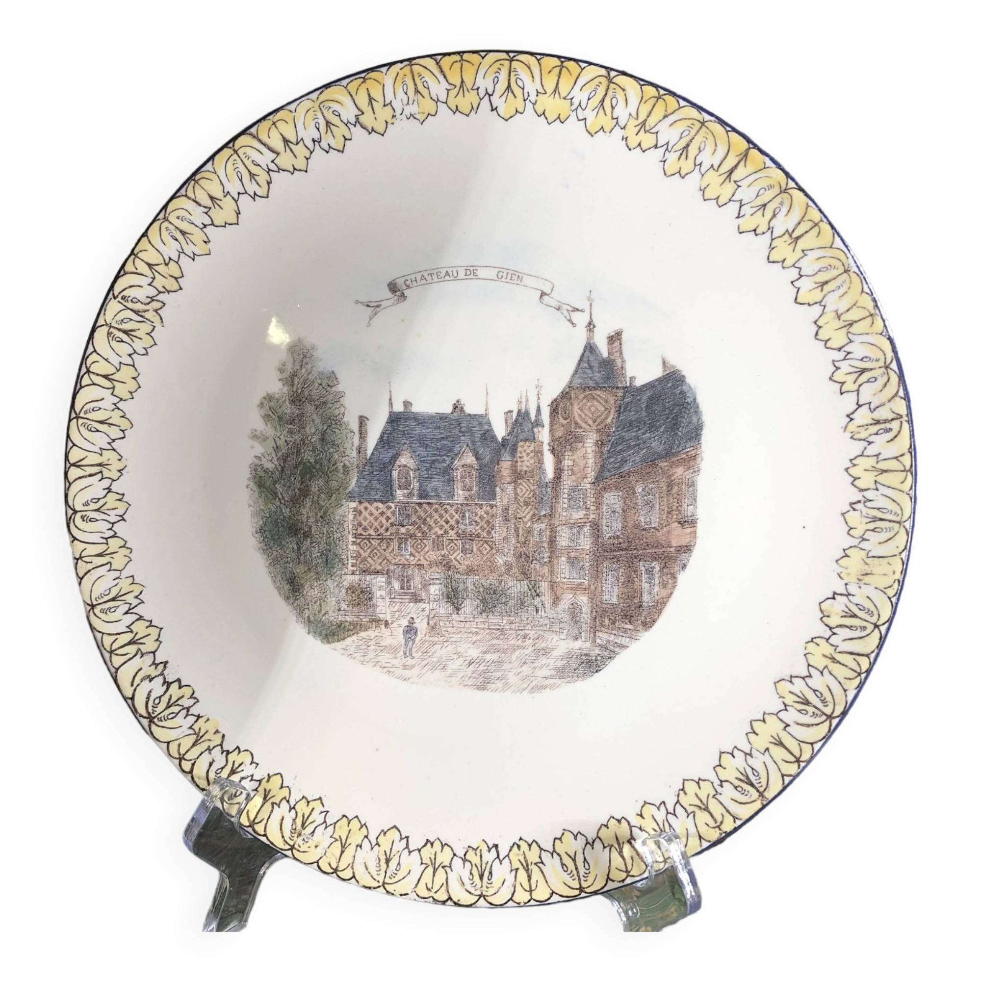 Gien earthenware cake presentation dish with castle decor