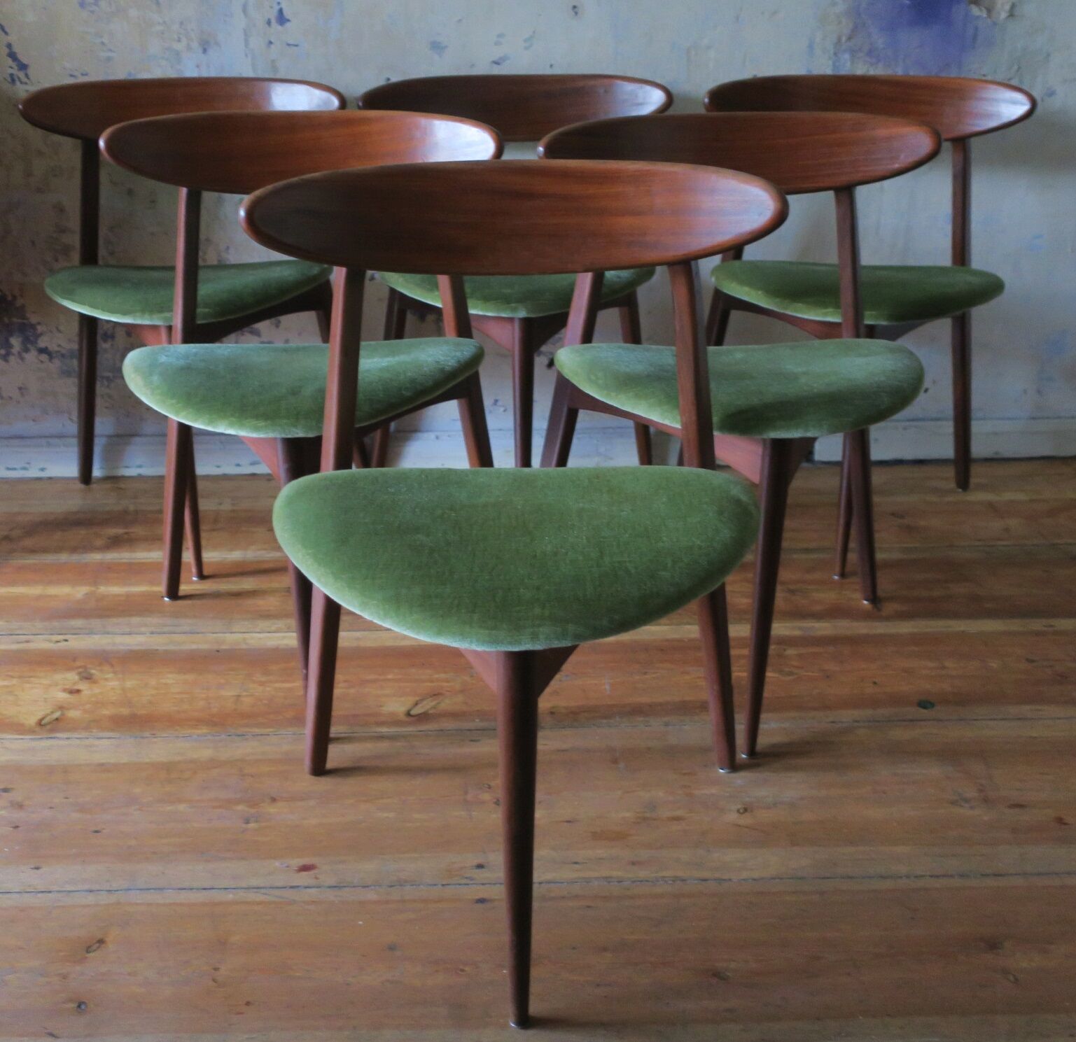 Set of six Danish teak tripod dining chairs, 1960