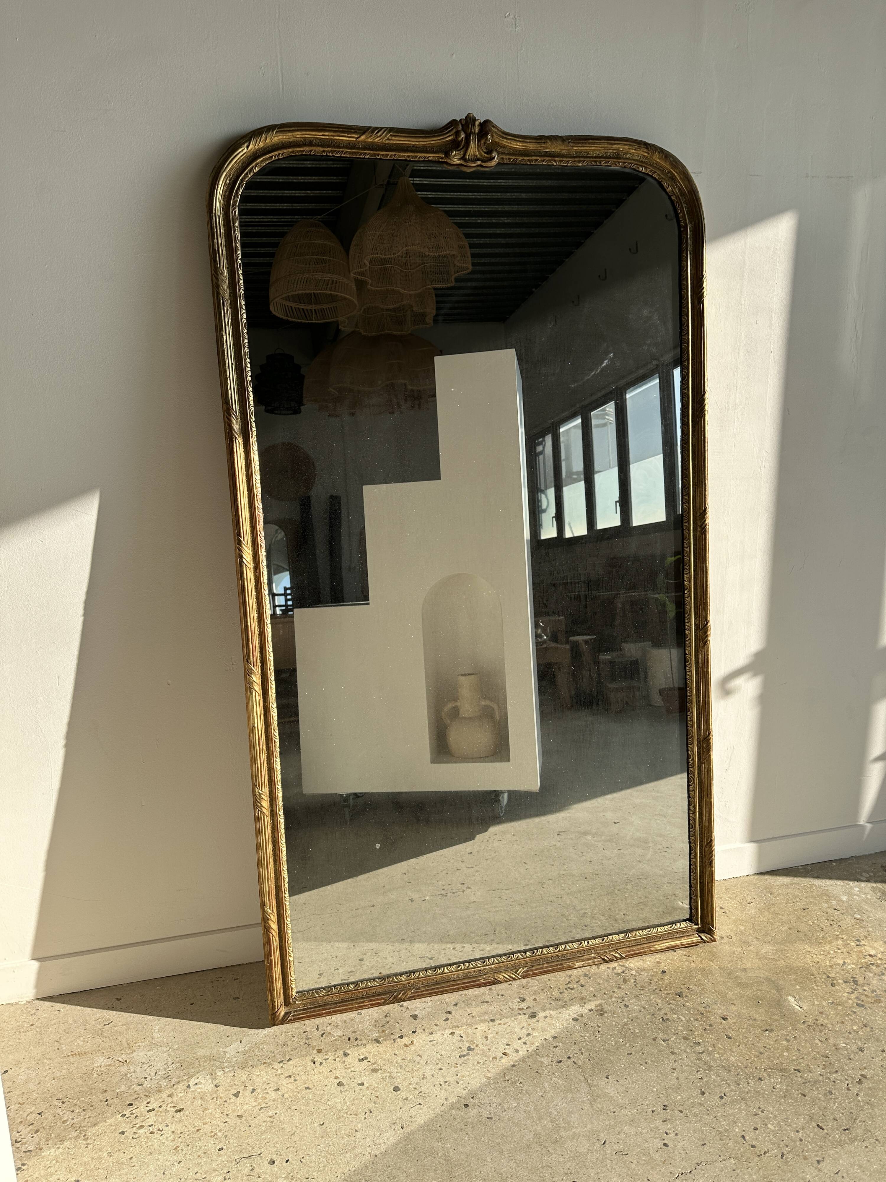 Large gilded mirror 19th century rounded corners mercury glass Louis XVI style