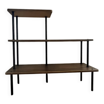 Étagère vintage 3 niveaux bois & métal noir, style années 60/70, démontable