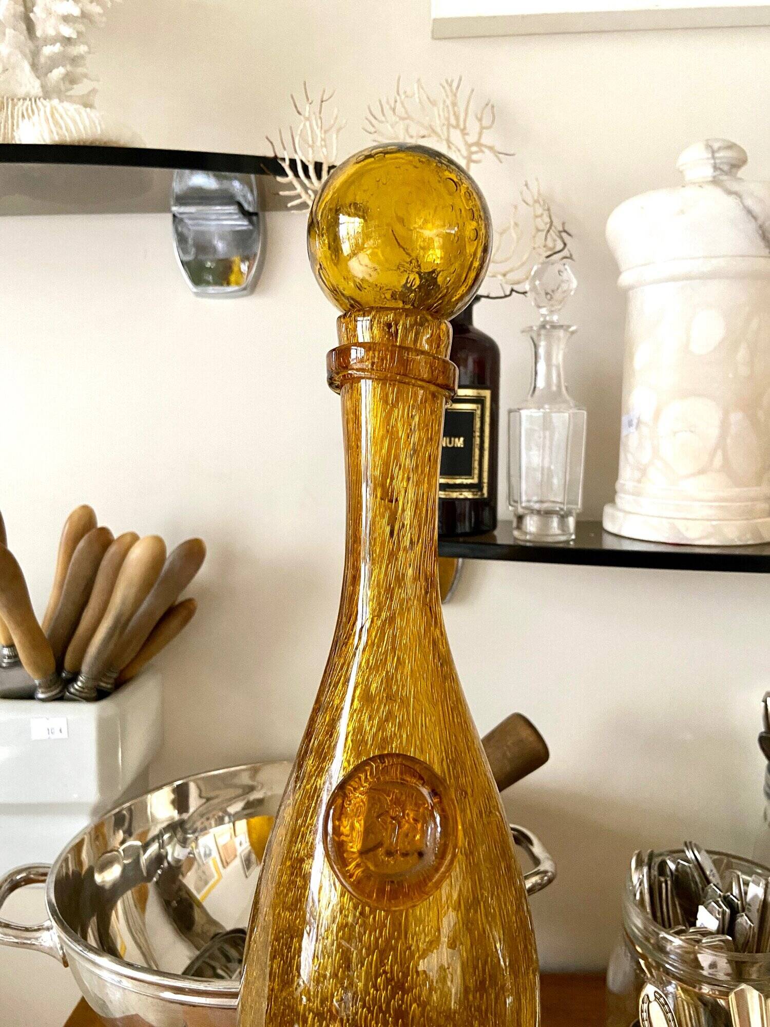 Biot "Narrow Bottle 45" in golden yellow bubbled glass